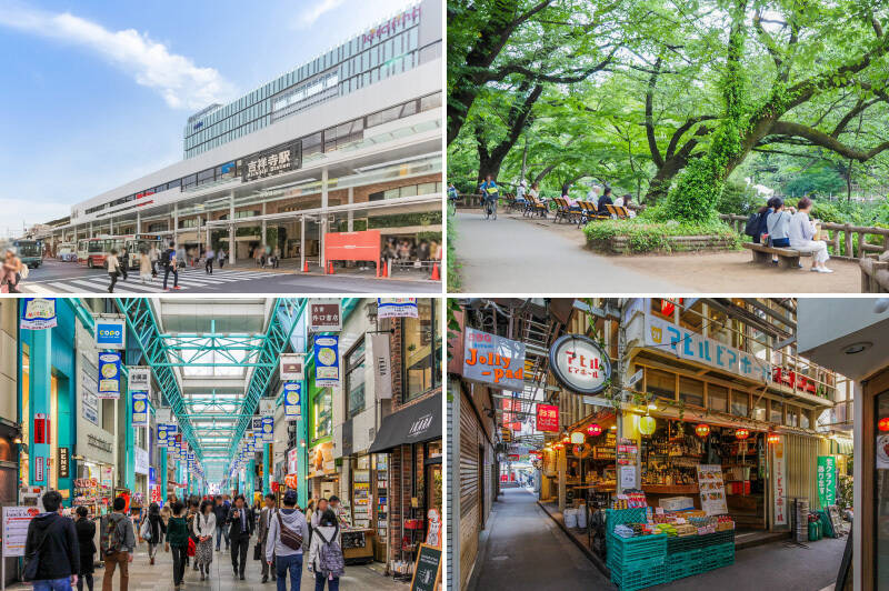 <b>左上・</b>最寄りの「吉祥寺」駅までは徒歩13分。JR中央線・総武線・京王井の頭線の3路線が利用可能です。駅前には商業施設が充実しており、一度暮らし始めたら虜になってしまう、楽しい立地です!/<b>右上・</b>吉祥寺といえば自然豊かな「井の頭恩賜公園」。公園の敷地内には池や動物園、美術館などもあり休日のお散歩にぴったり。(徒歩17分)/<b>左下・</b>「吉祥寺サンロード商店街」にはついつい寄り道したくなるようなお店が並んでいます。(徒歩8分)/<b>右下・</b>吉祥寺のシンボルのひとつ「ハモニカ横町」。細い路地に小さな飲食店がぎっしり!(徒歩12分)