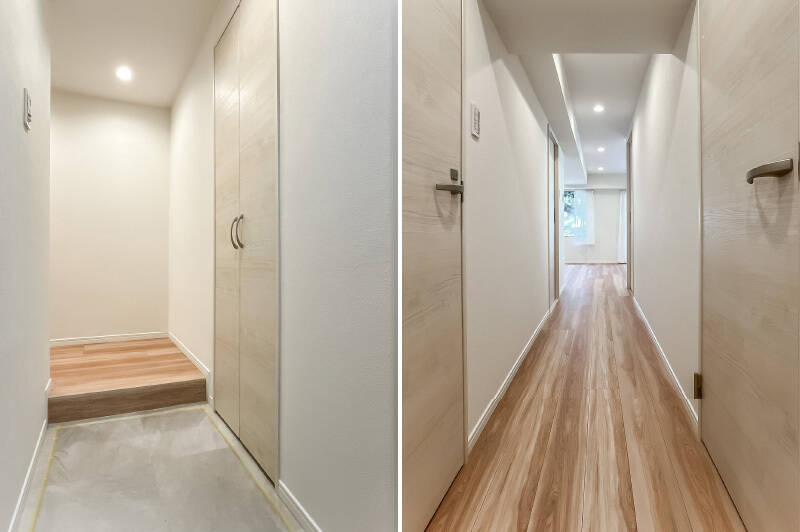 <b>左・</b>スッキリとした玄関まわり。靴は扉の中に収納できます。/<b>右・</b>玄関を上がってすぐの左右の扉は、それぞれトイレと収納スペースになっています。