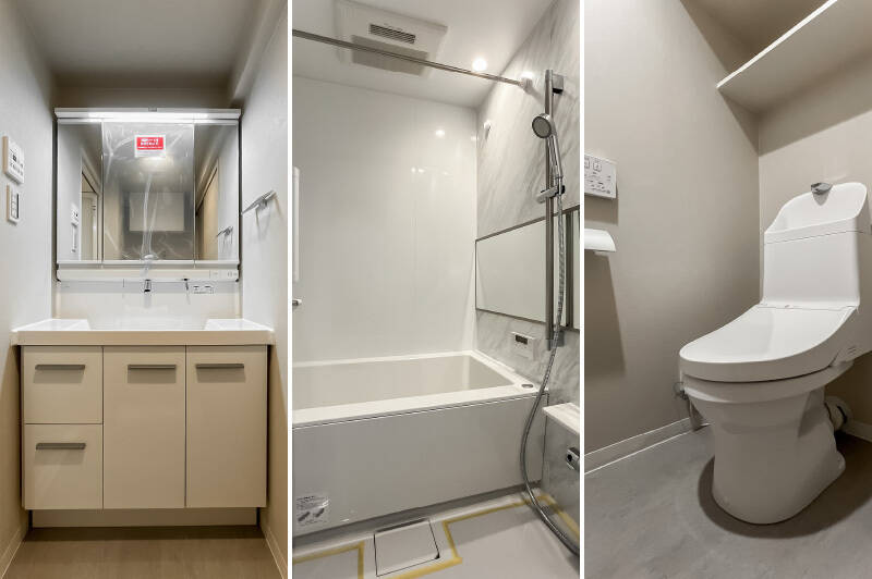 白で統一されたシンプルな水まわり。1216サイズのユニットバスは浴室乾燥機付きです。