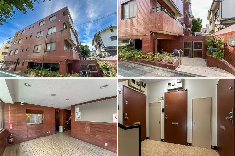 <b>左上・</b>竣工は1980年、総戸数25戸のマンション。小規模ながらどっしりとした重厚感ある外観です。/<b>右上・</b>エントランスは、道路から階段を数段下りた所にあります。/<b>左下・</b>エントランスホールを抜けた先にある階段を上り、2階所在の住戸へと進みます。/<b>右下・</b>住戸の玄関扉前です。