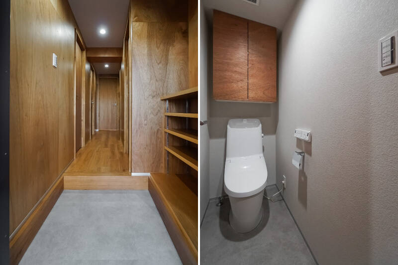 <b>左・</b>玄関からLDKを見たカット。靴収納はやや小さめですが、廊下の短い、無駄のない間取りはGOODですね。/<b>右・</b>トイレ収納にも、木製パネルで統一感を持たせています。世界観が途切れないのって素敵です◎