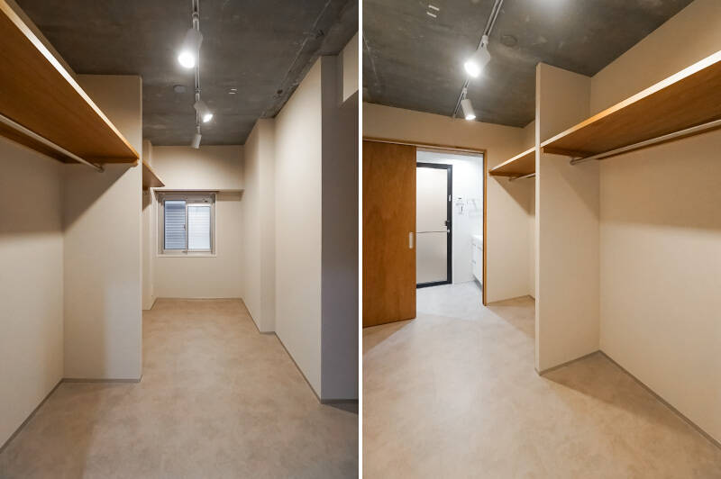 (続き)洗面脱衣室の引き戸を開けると、そこは約5帖の洋室Aです。共用廊下に面した窓があり、壁面にはハンガーパイプがふたつ備わっています。