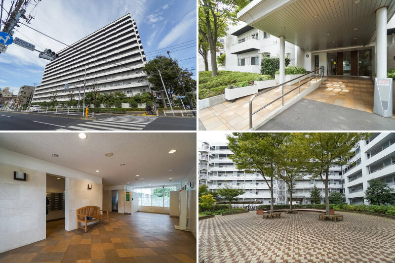 <b>左上・</b>白い外壁が眩しい、1981年築・全221戸のビッグコミュニティ。/<b>右上・</b>エントランスにはスロープが備わっています◎/<b>左下・</b>共用部はお掃除が行き届いてピカピカでした! 時代に合わせて宅配ボックス完備なのもうれしいポイントです。/<b>右下・</b>シンボルツリーを囲む円形の中庭。このほかにも「集会室」「子育てひろば」といった住民用スペースが充実しています。