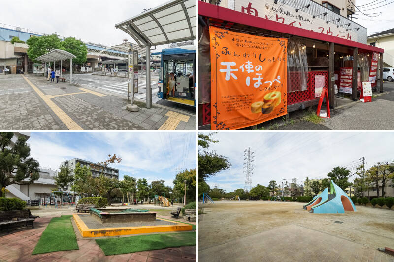 <b>左上・</b>最寄りは東京メトロ東西線「葛西」駅(徒歩10分)。「大手町」や「飯田橋」など、ビジネスエリアへのアクセスが良好です。/<b>右上・</b>ママ友会や息抜きには、ご近所の「パティスリーカフェひばり」でくつろぎのひと時を。シフォンケーキが名物とのことです!(徒歩5分)/<b>左下・</b><b>右下・</b>日々のお散歩コースにぴったりなのは、細長く延びる「宇喜田東公園」。お子さま用の遊具が豊富で、バラ庭園もある居心地のいい公園です。(徒歩3分)