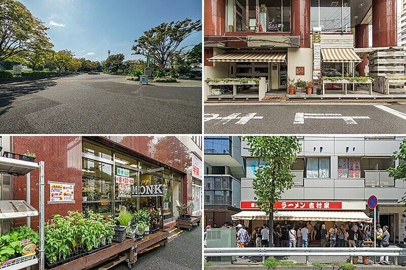 <b>左上・</b>マンションの近くには広大な「三ツ沢公園」が。お子さまやワンちゃんとのお散歩コースにぴったりです。(徒歩6分)/<b>右上・</b>お子さまもペットもOKでフレンドリーな「Lu’s(ルーズ)CAFE」。(徒歩8分)/<b>左下・</b>横浜駅西口にある花問屋「モンキーポッド」。お手頃価格がうれしい!(徒歩4分)/<b>右下・</b>移転前の写真ですが、人気の「家系総本山 吉村家」がご近所に。(徒歩14分)