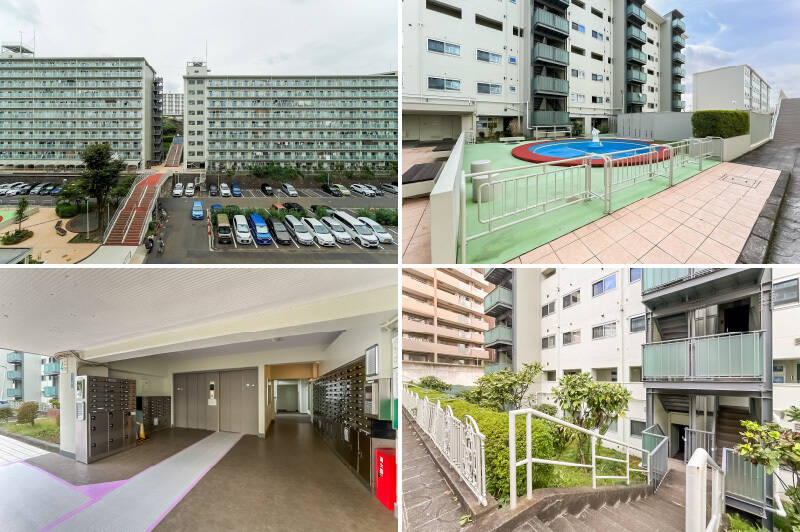 <b>左上・</b>各棟の間に広大な平置き駐車場があり、まるでひとつの街のよう。/<b>右上・</b>なんとプールを発見! こちらはお子さま用で、横に大人用もありますよ。/<b>左下・</b>ご紹介する棟の共用ロビー。うれしいことに宅配ボックスが付いているではありませんか〜!/<b>右下・</b>1階住戸まで階段を下ります。