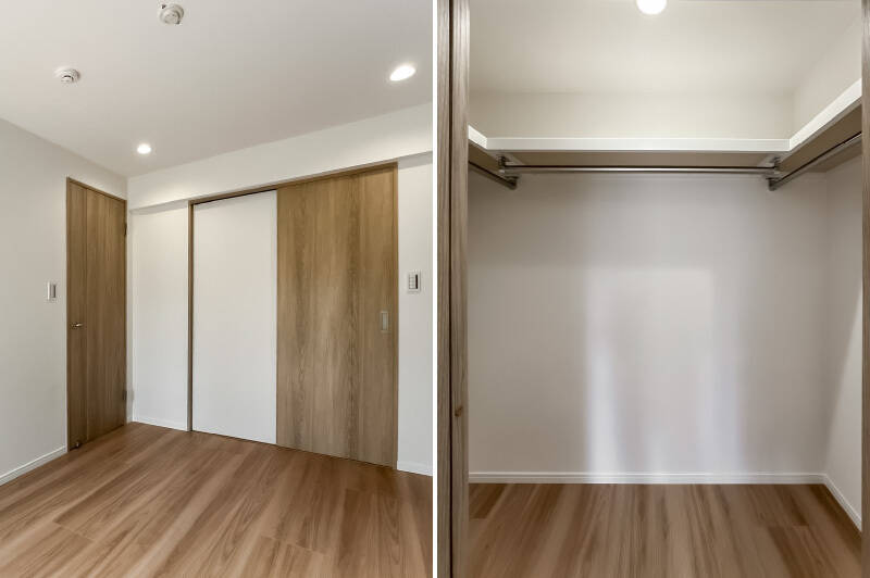 3方に枕棚とハンガーパイプが付いた、ウォークインクローゼット(WIC)を完備。