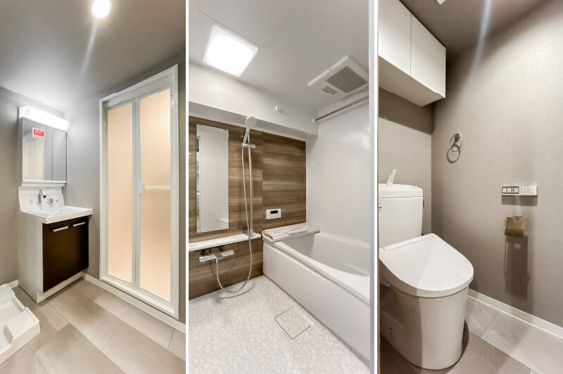 洗面脱衣室から浴室、トイレに入る間取り。ユニットバスは追い焚き機能、浴室乾燥機付きです。