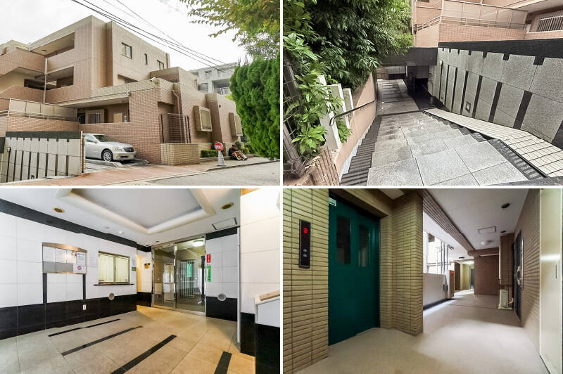 <p><b>左上・</b>桜田通りから一本奥に入った場所に佇む、重厚感ある建物。傾斜地に建っているため低層に見えますが、地上8階建て・総戸数34戸の規模です。/<b>右上・</b>3階部分に位置するエントランスへは、スロープ付きの階段を下ってアクセスします。/<b>左下・</b>エントランスはオートロック・宅配ボックス付き。管理人さんは週5日間、8:30〜12:30まで勤務されています。/<b>右下・</b>エレベーターで住戸が所在する2階へ。下りなので階段でも楽々。</p>