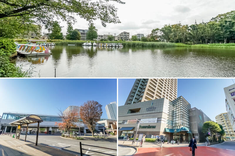 <b>上・</b>スワンボートが泳ぐ「石神井公園」。アスレチック広場や野外ステージなど、ご家族揃って楽しめるスポットです。（徒歩20分）／<b>左下・</b>最寄り駅は西武池袋線の「石神井公園」駅。歩くと15分の距離です。／<b>右下・</b>駅前には「クイーンズ伊勢丹 石神井公園店」をはじめ、大きなスーパーが点在しています。（徒歩14分）