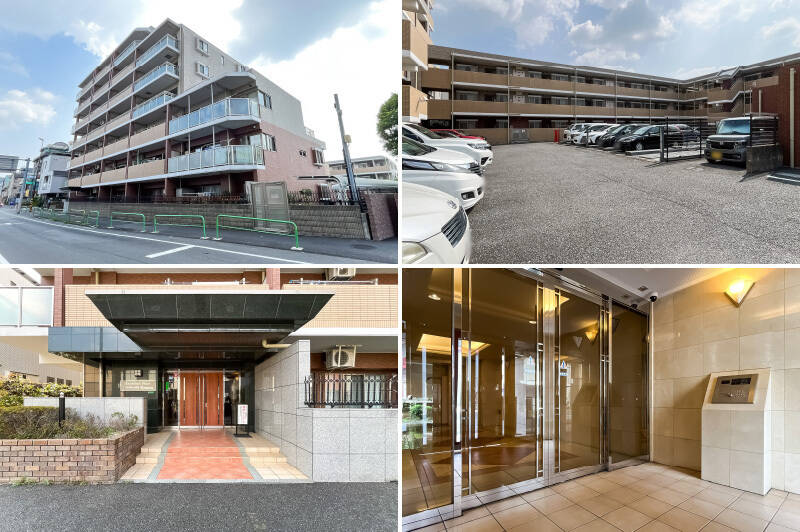 <b>左上・</b>2006年築、総戸数65戸と中規模。マンションのエントランスからわずか60mのところに関越自動車道の入り口があります！／<b>右上・</b>2025年10月現在敷地内の駐車場には空きがあり、区画により月額3,000円から11,000円で利用できます。／<b>左下・</b>大きな庇がかかったエントランス。／<b>右下・</b>オートロックや宅配ボックスを完備しています。管理人さんは週5日8-16時まで勤務されていますよ。