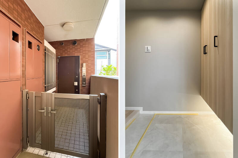 1階住戸のためエレベーターを使う必要はありません。玄関前には専用ポーチが用意されていますよ。下足入れはたっぷり扉3枚分。