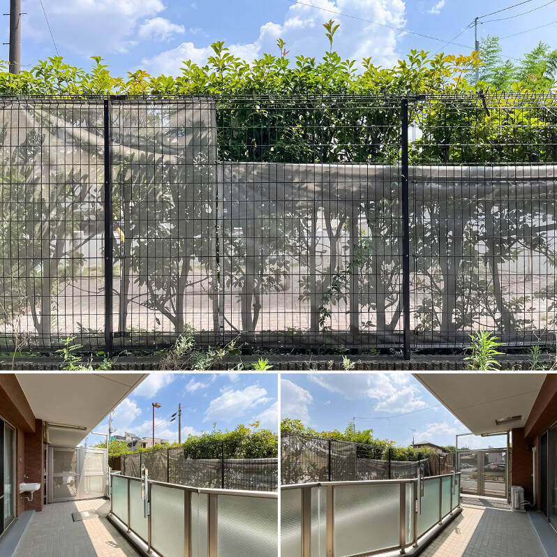 正面にはフェンスと植栽。西側には裏通りに面したドアが。スロップシンクが付いて植物への水やりも楽々。