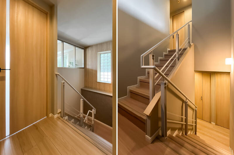 室内窓は地下1階へと続く階段室に面していました。ガラスブロックの部分を含め自然光が入るので、“暗そう” 、 “じめじめしてそう” などのイメージが払拭されますね！