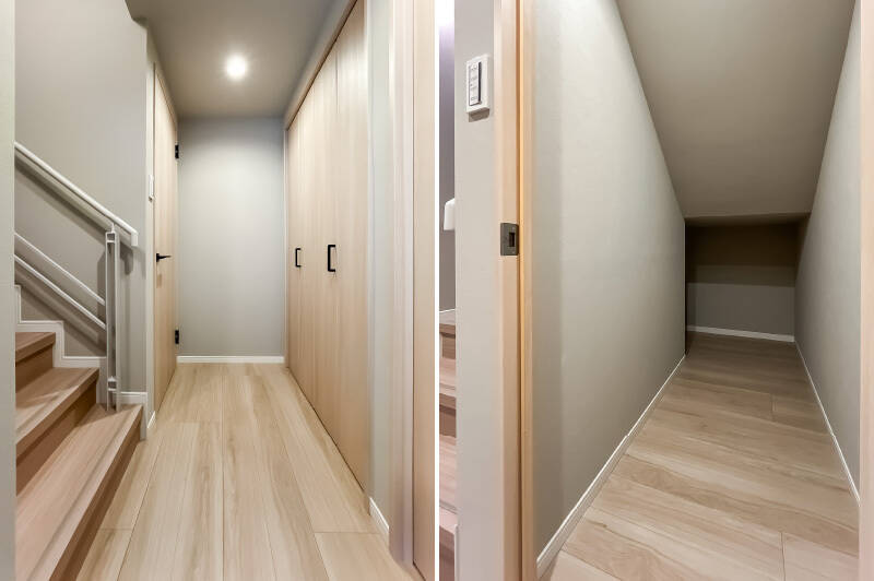 階段下や廊下沿いにもたっぷりと収納が。専有面積 “120㎡弱” の余裕を感じますね！