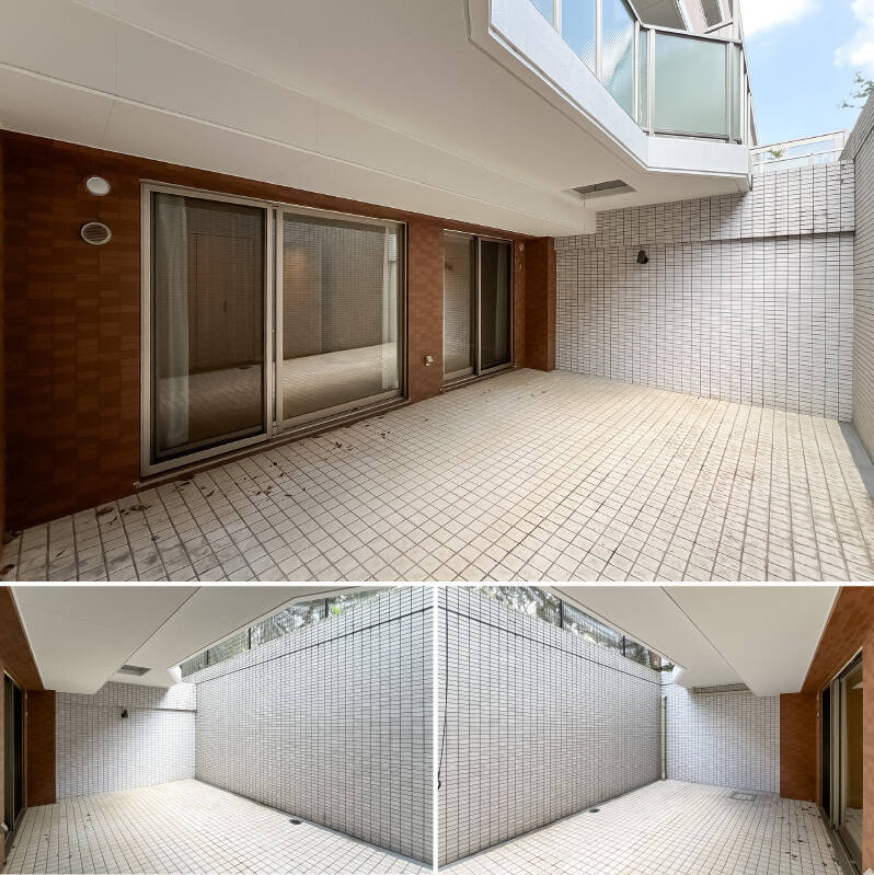 上には1階のテラスが。約25㎡もの広さがあるためドライエリアではなく、こちらも “テラス” と呼びたくなりますね！ 壁面には照明も付いています。