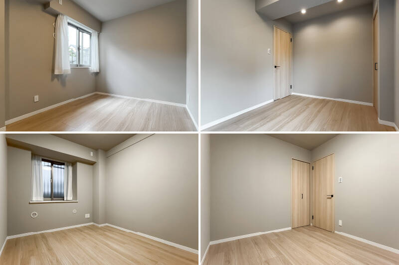 洋室D （上）は西向き、洋室E （下）はアルコーブに面する北向きの窓が付いています。いずれもクローゼットはコンパクト。