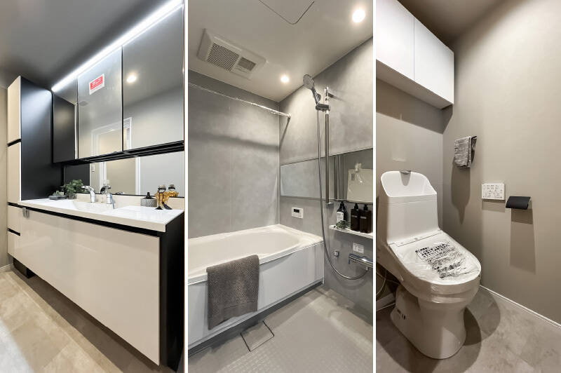 <b>左・</b>洗面脱衣室。洗濯機置き場も同じ空間にまとまっています。／<b>中央・</b>1418サイズのユニットバス。／<b>右・</b>収納付きのトイレ。