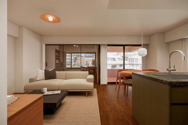 LDKの広さは約17.6帖。北東向きのバルコニーと南東向きの出窓に面した二面採光です。