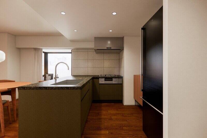 キッチンは3口コンロタイプで食洗機付き。天板にはフィオレストーンを使用し、高級感あるデザインに仕上げます。