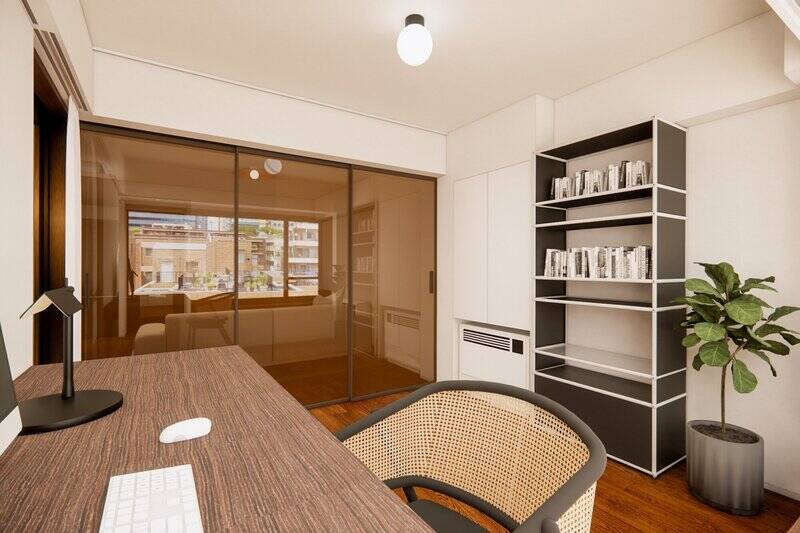 LDKとは半透明のガラス引き戸で仕切られており、目隠しを叶えながらもリビングダイニングとのつながりを感じられる印象。コンパクトな収納付きです。