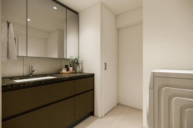 洗面台はワイドなデザイン。すぐ横にはタオル類の収納にちょうどいいクローゼットを設置予定です。