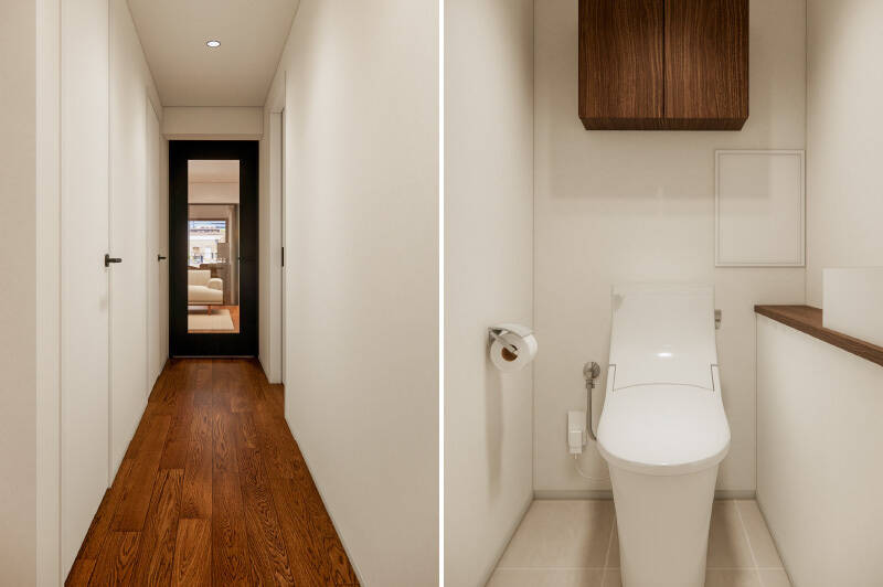 <b>左・</b>洋室Cの扉を背にしてLDK側を見たカット。/<b>右・</b>トイレには廊下からアクセスする間取り。シンプルなタンクレスタイプを採用し、手洗いカウンターを設置します。