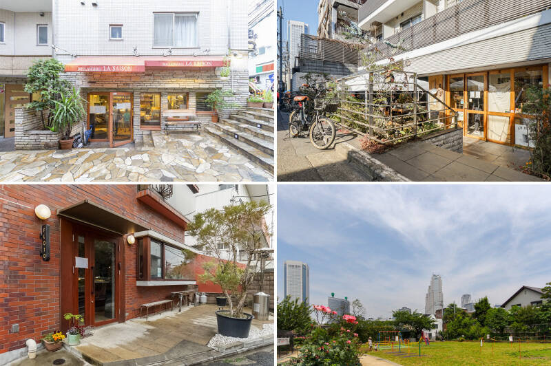 <b>左上・</b>最寄りの「参宮橋」駅からマンションまでは、駅前の商店街を経由するルートがおすすめ。「BOULANGERIE LA SAISON(ブーランジュリー ラ・セゾン)」は地元民に愛されるベーカリーで、朝7時半の開店から客足が途絶えません。(徒歩7分)/<b>右上・</b>「LIFE son(ライフ サン)」は三浦野菜をたっぷり使ったメニューが人気のカフェ。天気がいい日はぜひテラス席の利用を。(徒歩7分)/<b>左下・</b>こだわりのジェラートと焼き菓子のお店「FLOTO(フロート)」。好きなフレーバーを探しに通ってみてはいかがでしょう。(徒歩5分)/<b>右下・</b>「参宮橋公園」もご近所。桜やバラなどをはじめ多くの草花が咲き誇り、地域の憩いの場になっています。(徒歩6分)