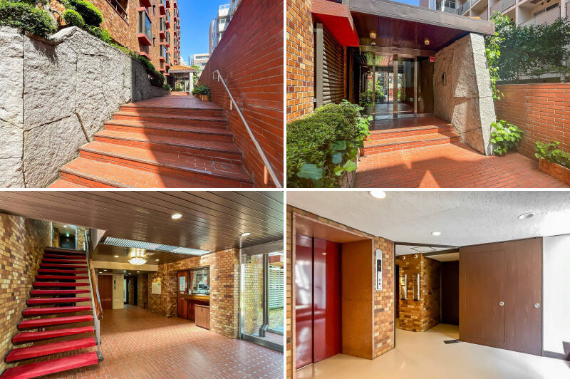 <b>左上・</b>建物の南側は、石造りの壁面と階段で構成された立派なアプローチ。北側はスロープになっています。/<b>右上・</b>オートロック付きのエントランス。/<b>左下・</b>共用ロビーのシャンデリアや赤絨毯敷きの階段など、美しい意匠に目が惹かれます。/<b>右下・</b>各フロアにはエレベーターでアクセスします。