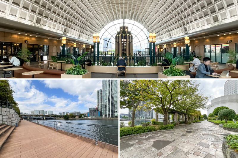 <p><b>上・</b>東京モノレール「天王洲アイル」駅直結の「シーフォートスクエア」。オフィス、商業、ホテルなどが集結する複合施設です。／<b>下・</b>運河沿いは水辺広場として整備され、いつでも潮風を感じながらお散歩できます。（いずれも徒歩1分）</p>