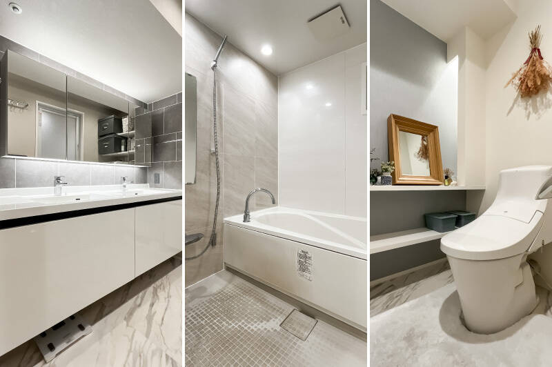 <b>左・</b>ツーボウルの洗面化粧台。大理石調の床タイルや間接照明でラグジュアリーな空間です。／<b>中央・</b>ユニットバスには小窓があります。／<b>右・</b>カウンター付きのトイレ。