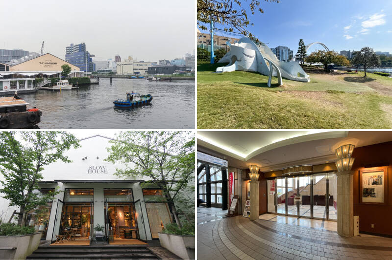 <b>左上・</b>この地を語る上で外せない、醸造所を併設したブルワリーレストラン「T.Y.HARBOR（ティーワイハーバー）」。特別な日に訪れたいですね。（徒歩8分）／<b>右上・</b>「天王洲公園」はくじらの遊具がアイコニックで、広い場内には野球場もあります。（徒歩6分）／<b>左下・</b>家具やグリーン、アパレルまで取り扱う「SLOW HOUSE」。（徒歩10分）／<b>右下・</b>シーフォートスクエア内にある「天王洲 銀河劇場」。芸術にも触れ合える環境です。（徒歩3分）