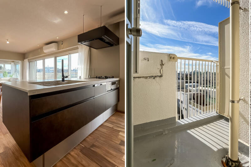 3口ガスコンロにグリルを完備。横には独立したバルコニーがあるため、蓋付きゴミ箱を置くと便利かもしれません（鳥対策はしっかりと！）。