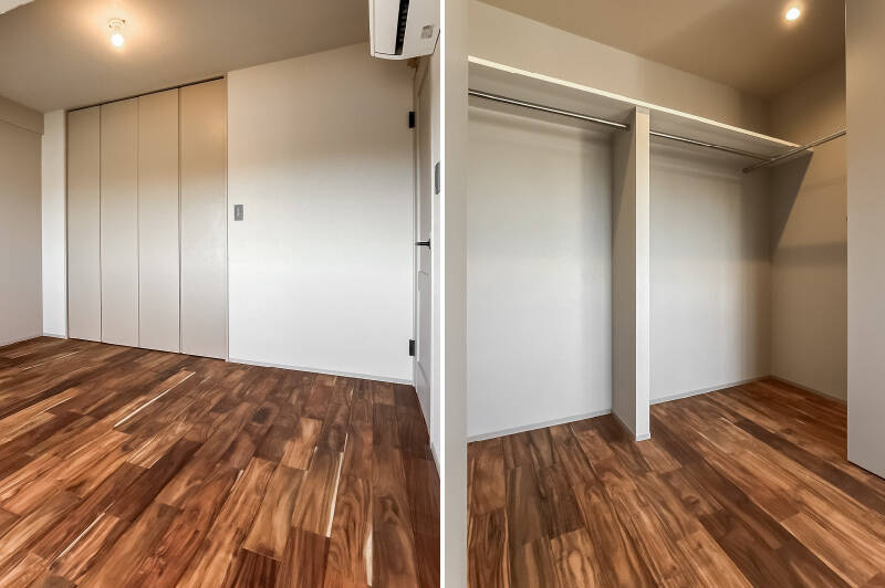 一見折れ戸2枚分のクローゼットのようですが、開けると大容量のウォークインクローゼット（WIC）になっています。