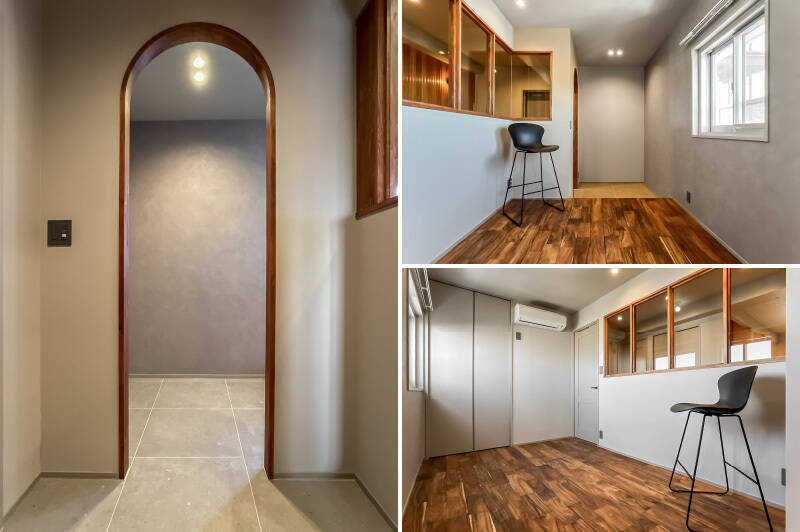 玄関から土間が続き、そのままフローリングに上がれる居室です。廊下に面した室内窓もフォトジェニック！