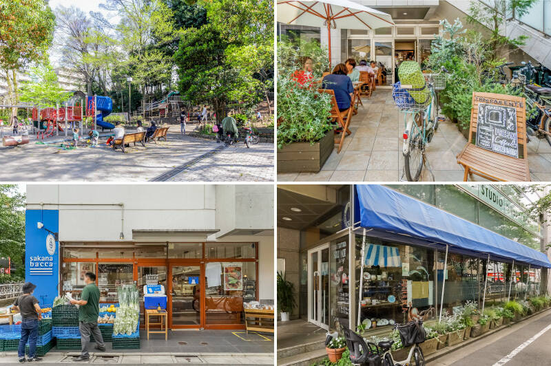 <b>左上・</b>遊具が充実した「中根公園」。夏場はじゃぶじゃぶ池も楽しめます。（徒歩2分）／<b>右上・</b>評判のベーカリー「TRASPARENTE（トラスパレンテ）TORITSUDAIGAKU」。焼き立てをテイクアウトしたい！（徒歩8分）／<b>左下・</b>“料理するぞ！” モードな日は「sakana bacca（サカナバッカ）都立大学」へ。今日のオススメを聞いてから献立を決めてはいかがでしょう。（徒歩7分）／<b>右下・</b>先日友人宅でいただいたピザが絶品だった「SOLO NOI sul nuje（ソロ ノイ スル ヌジェ）」。ホームパーティーにオススメです！（徒歩9分）