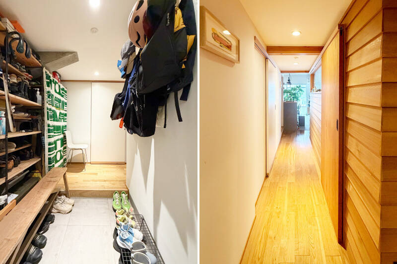 <b>左・</b>玄関扉を開けると、ゆとりあるホールが。左手には可動式の木製棚を設置済みです。/<b>右・</b>LDKは突き当たりに位置します。廊下が途中で折れているため、玄関まわりから室内に視線が届きづらい間取りです。