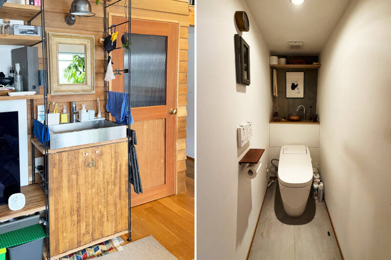 <b>左・</b>洗面台はLDKの入り口付近に。空間に馴染むよう、家具のように造り込まれたオリジナルのものです(照明は撤去予定)。/<b>右・</b>トイレは廊下からアクセスする間取り。本体はシンプルなタンクレスタイプで、独立した手洗い器が設置されています。