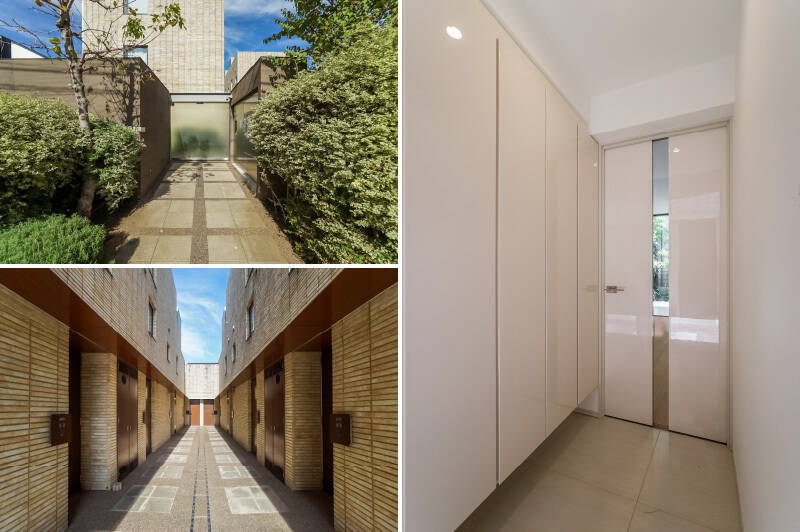 <b>左上・</b>植栽に囲まれたエントランス。オートロックの手前に、宅配ボックスを完備しています。／<b>左下・</b>共用ロビーなどは無く、中に入ると各住戸の玄関扉がずらりと並んでいます。外壁の茶色いタイルと青空の組み合わせがいい雰囲気ですね♡／<b>右・</b>ツヤのあるホワイトで統一された、フラットな玄関。ドアのスリット越しに眩しい緑が見えてドキドキ……お邪魔します！