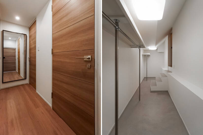 <b>左・</b>地下1階にあるのは、水まわりとふたつの洋室。そして……／<b>右・</b>ここはぜひ現地で衝撃を受けていただきたいポイント！ 約5.7帖の巨大なストレージルーム（換気扇完備！）が備わっているんです。モノの置き場所には困らなさそう♡