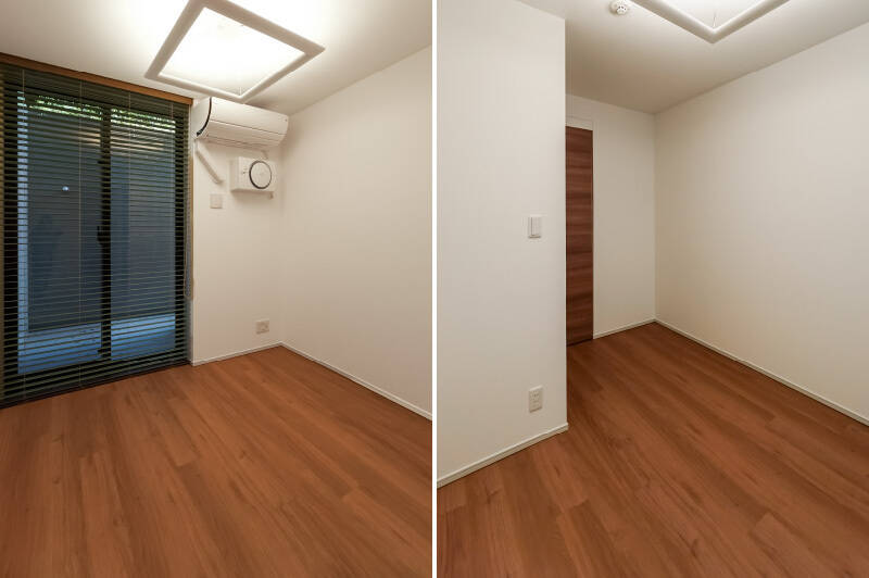 <b>左・</b>洋室Bからもパティオに出ることができます。こちらの居室もエアコン・除湿機完備です◎／<b>右・</b>収納は、ややコンパクトなクローゼットがひとつ備わっています。