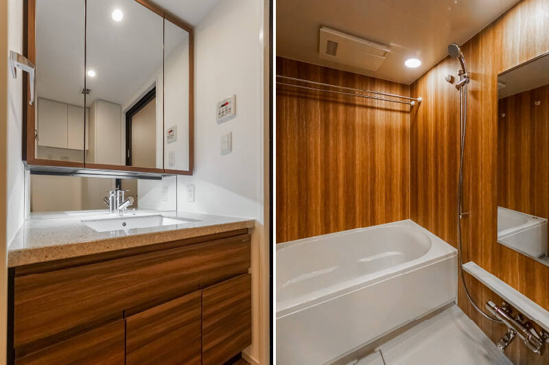 <b>左・</b>大きなミラーの洗面化粧台。すぐ隣にバスルームがあり、脱衣スペースはややタイトな印象です。／<b>右・</b>バスルームはほんのり余裕を感じる1418サイズ。温かみのある木目調デザインで、浴室乾燥機を完備しています。