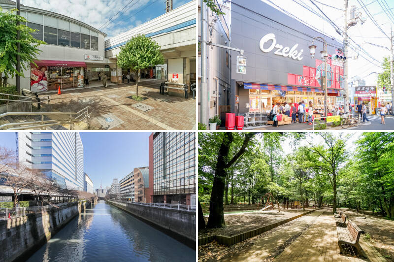 最寄り駅は東急目黒線「<b>不動前</b>」(左上・徒歩5分)。駅前にスーパー「<b>東急ストア 不動前店</b>」があるほかにも、「<b>オオゼキ 目黒不動前店</b>」(右上・徒歩4分)を便利に利用できます。また、周辺には「<b>目黒川</b>」(左下)や「<b>林試の森公園</b>」(右下・徒歩7分)などがあり、自然を身近に感じられる環境です。