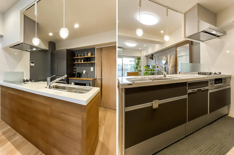 キッチンは3口コンロタイプで食洗機付き。背面には、冷蔵庫と並べて棚を置ける余白があります。また、アイアンと棚板を組み合わせたオープン棚を設置済み。