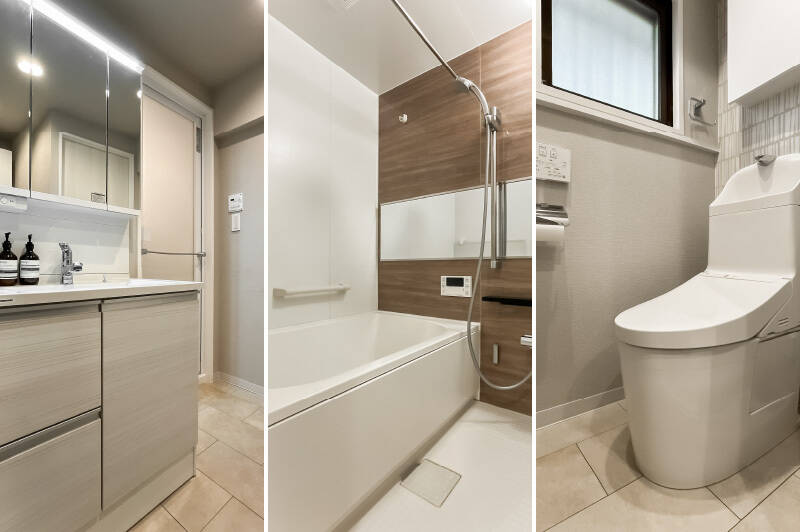 <b>左・</b>シンプルな洗面台。/<b>中央・</b>浴室乾燥機付きのユニットバス。/<b>右・</b>トイレは洗面室からアクセスする間取りです。