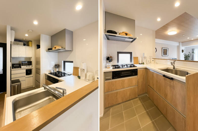 キッチンは動線がコンパクトなL字型で、作業効率◎ 奥に食器棚とや冷蔵庫の置き場がありますよ。