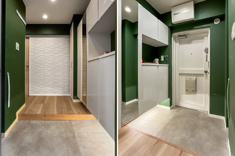 玄関土間はゆとりある造り。シューズボックス以外にも収納が設けられています。