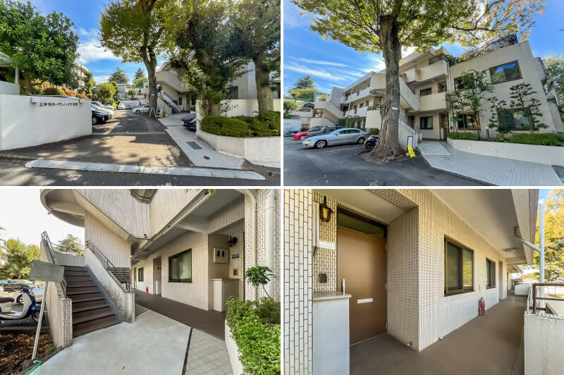 <b>上・</b>1980年竣工、A棟B棟合わせて総戸数29戸です。マンションはたっぷりの植栽に彩られています。/<b>左下・</b>マンションにはエレベーターの設置がなく、住戸所在の3階までは階段を上ります。/<b>右下・</b>住戸扉前。