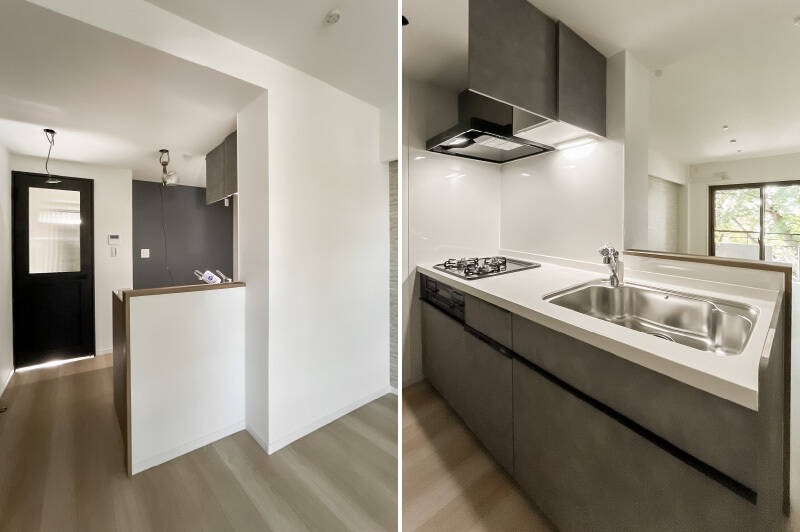 キッチンは、3口ガスコンロ・浄水器・食洗機を完備。背面には冷蔵庫置き場とカップボードを置けるスペースを確保しています。