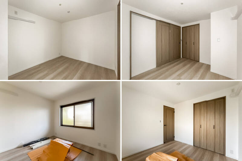 <b>上・約5帖の洋室B</b>はキッチンの横に位置します。お料理をしながらでも様子が見える距離感なので、お子さまのお部屋として使うのもよさそうです。/<b>下・約5.1帖の洋室C</b>は廊下からアクセス。共用廊下に面して窓が設置されています。